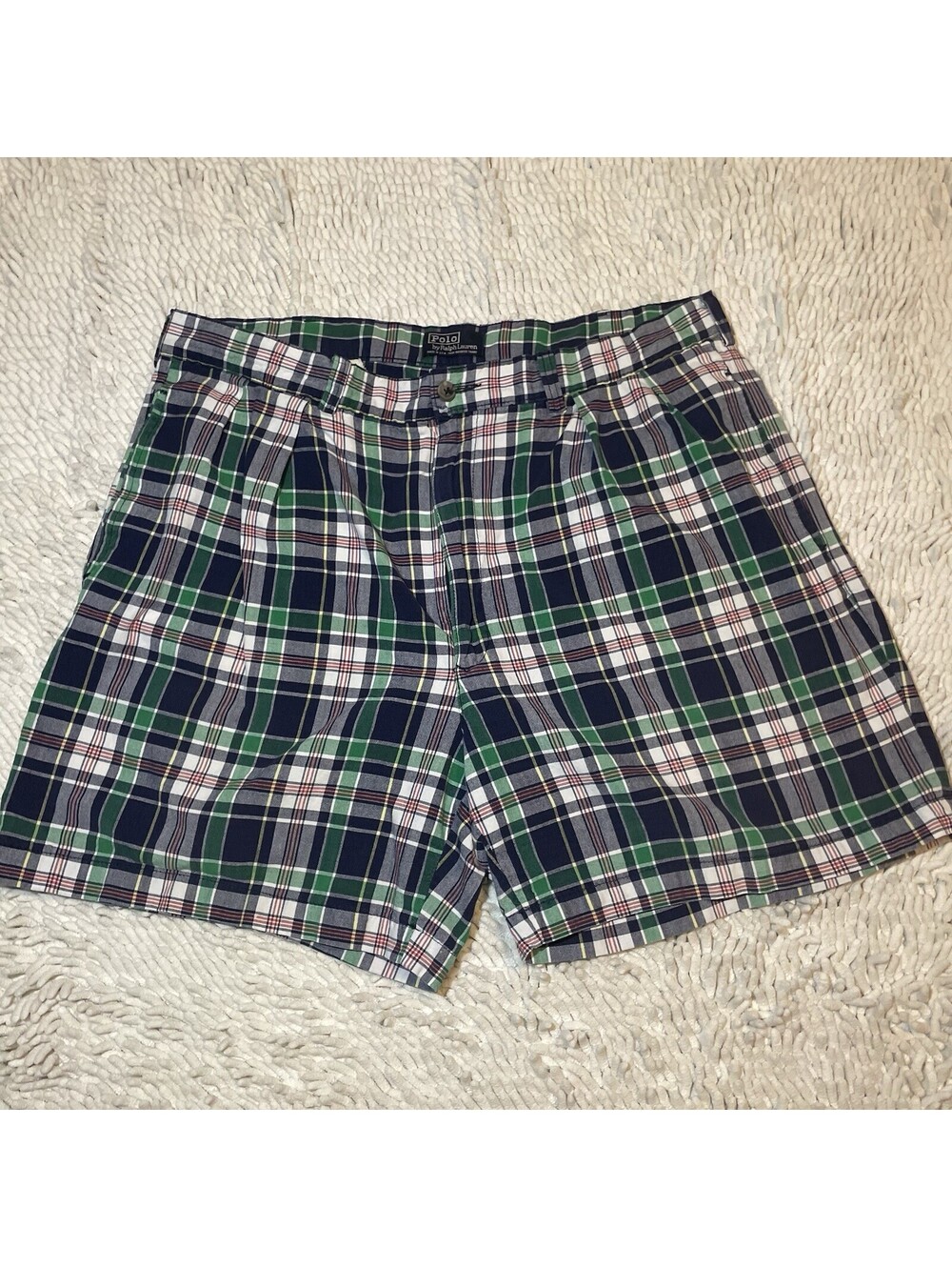 Vintage Polo Ralph Lauren Plaid Shorts Mens Size 35 Green Blue Cotton Casual USA